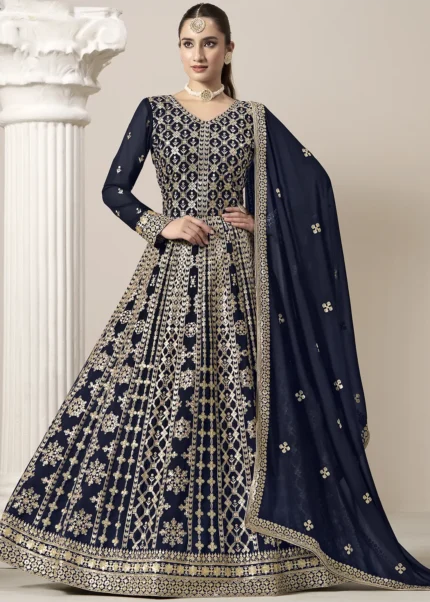 Embroidered Navy Blue Georgette Anarkali Suit
