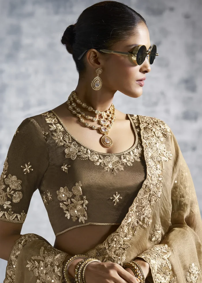 Embroidered Olive Brown Tissue Silk Saree with Beads & Stone Work - Image 2