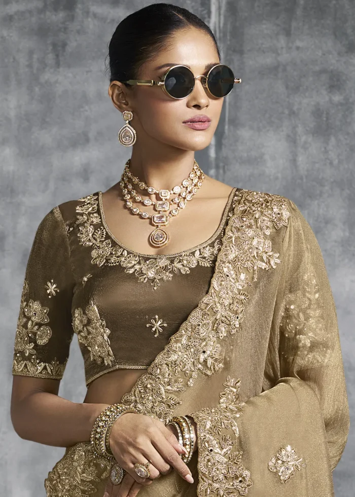 Embroidered Olive Brown Tissue Silk Saree