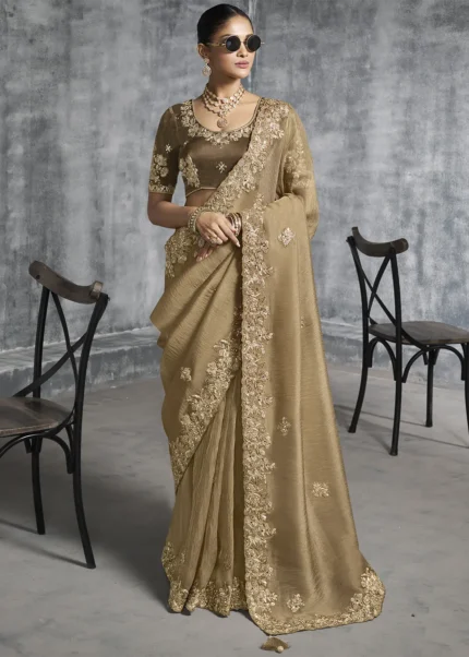 Embroidered Olive Brown Tissue Silk Saree