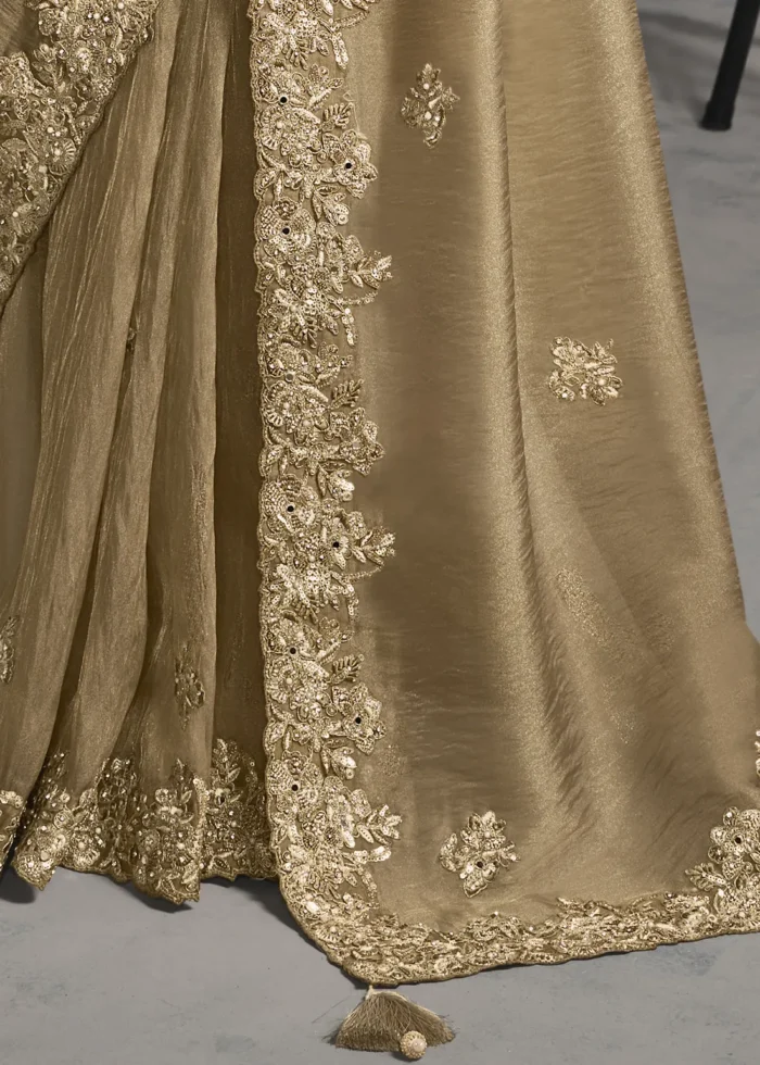 Embroidered Olive Brown Tissue Silk Saree