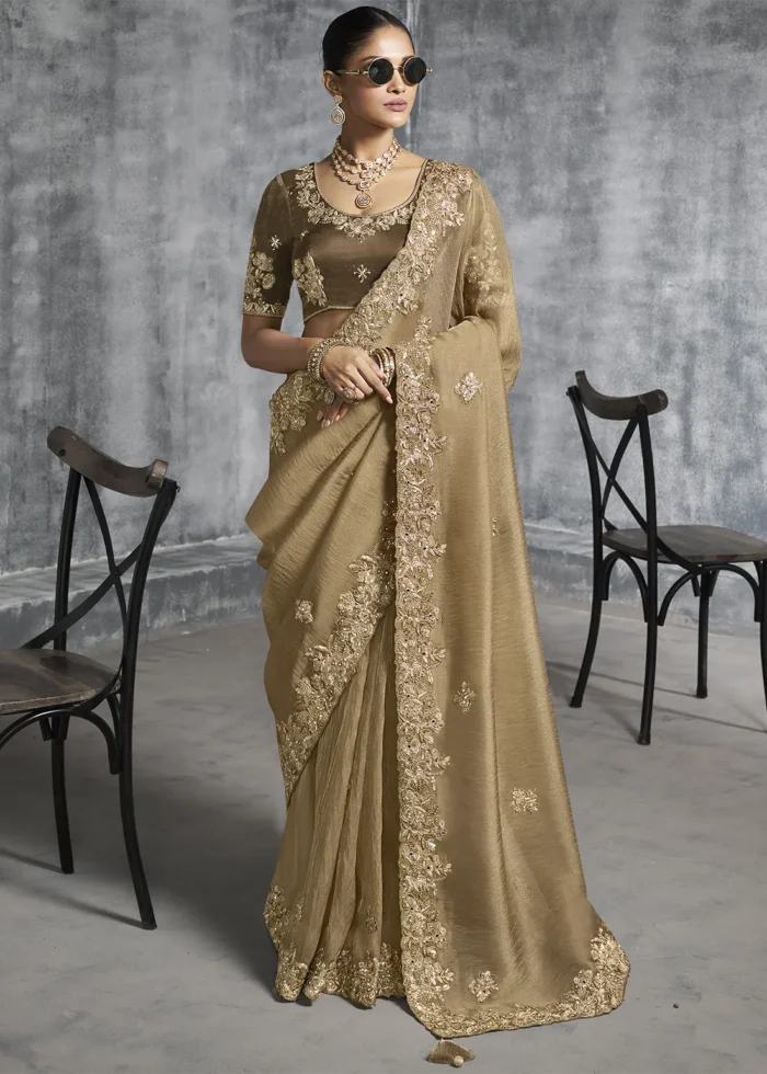 Embroidered Olive Brown Tissue Silk Saree