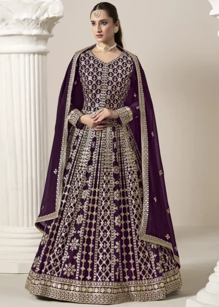 Embroidered Purple Georgette Anarkali Suit