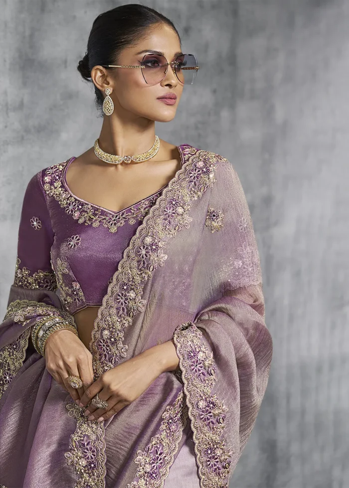 Embroidered Purple Tissue Silk Saree