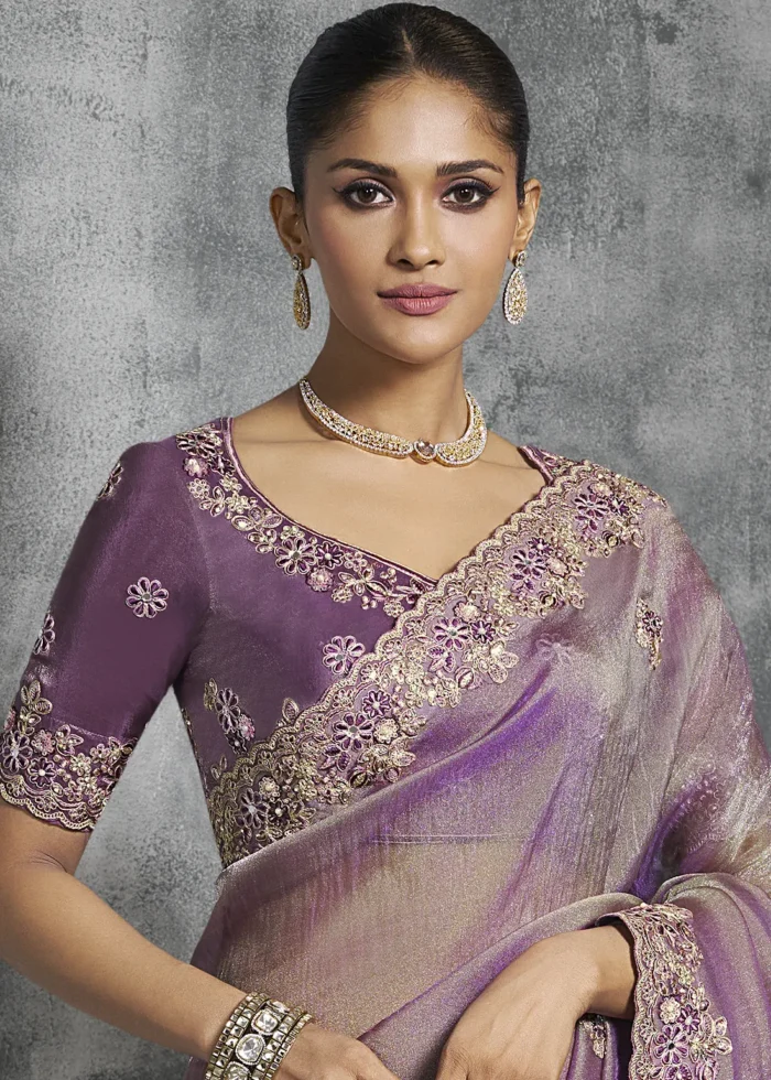 Embroidered Purple Tissue Silk Saree