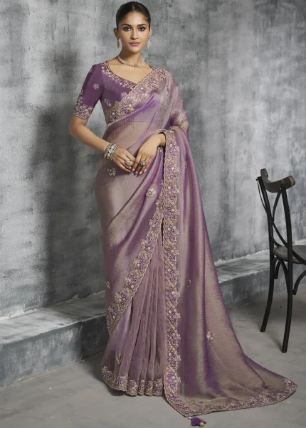 Embroidered Purple Tissue Silk Saree
