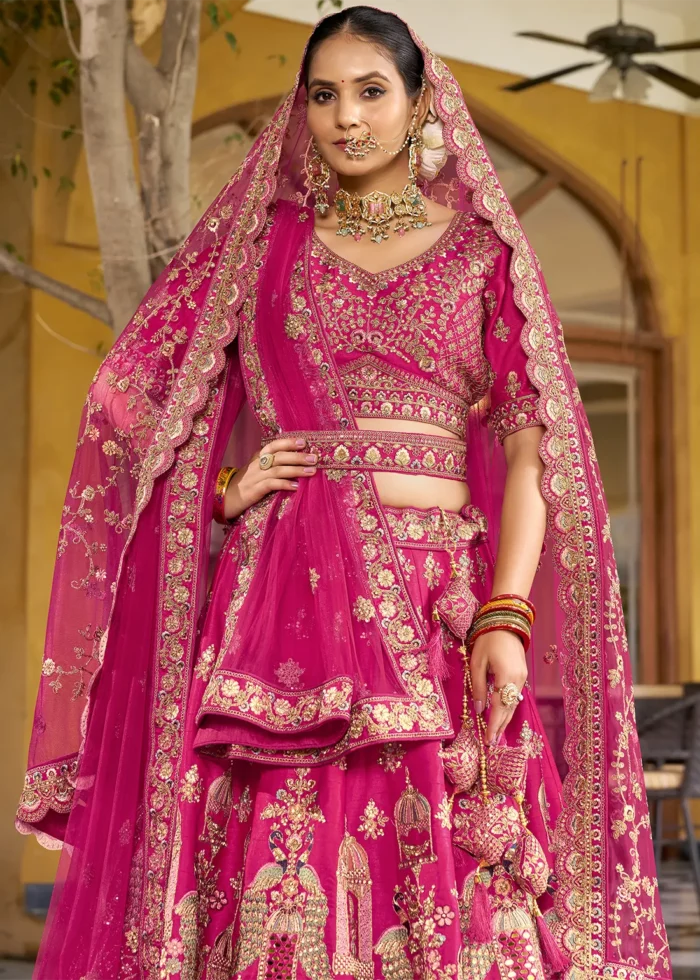 Embroidered Rani Pink Silk Bridal Lehenga