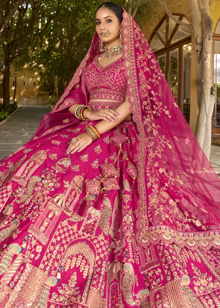 Embroidered Rani Pink Silk Bridal Lehenga