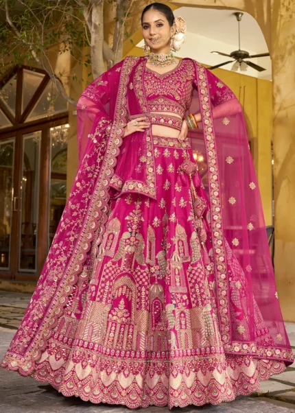 Embroidered Rani Pink Silk Bridal Lehenga