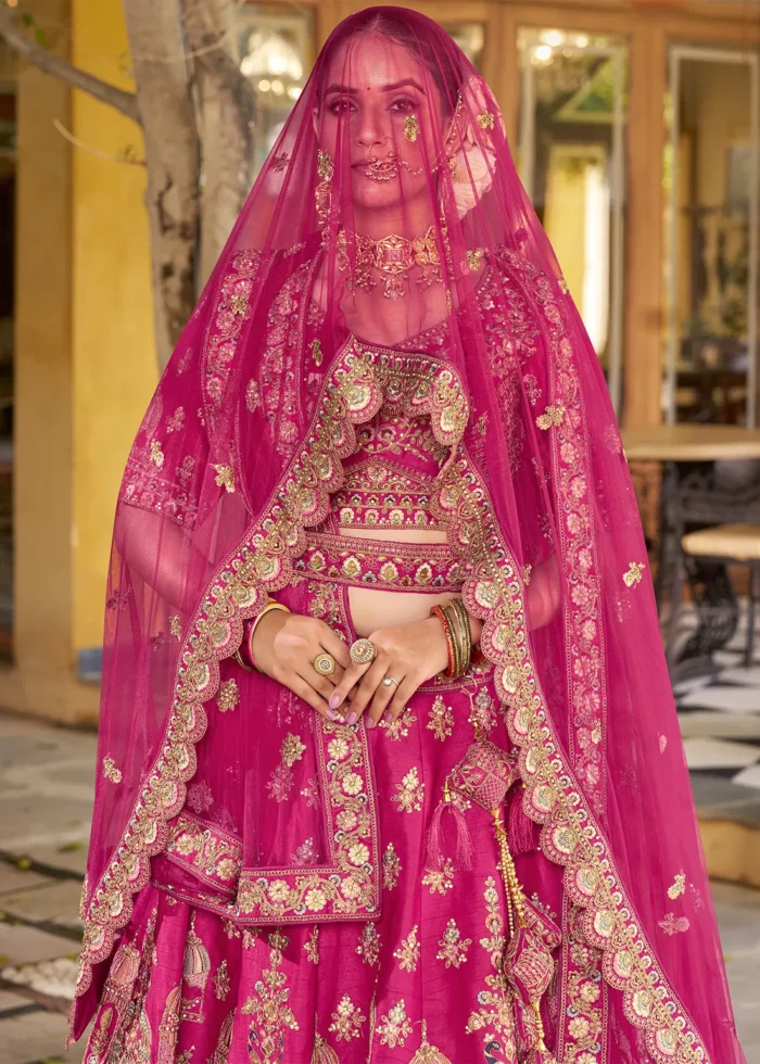 Embroidered Rani Pink Silk Bridal Lehenga
