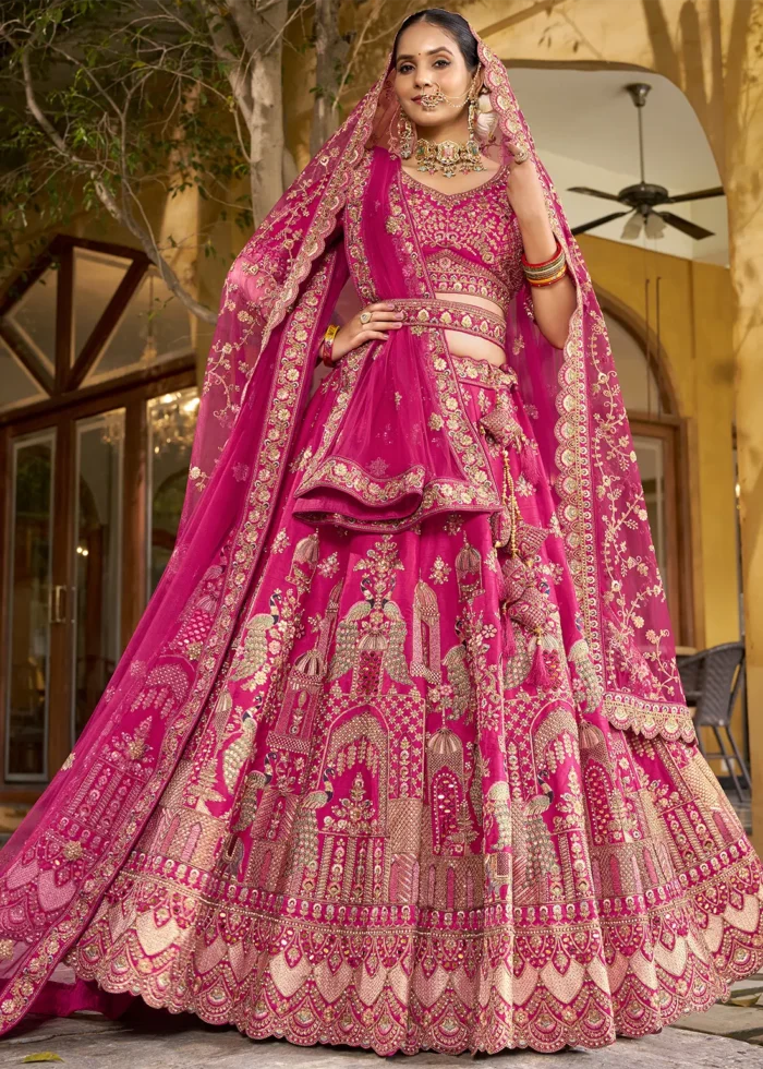 Embroidered Rani Pink Silk Bridal Lehenga
