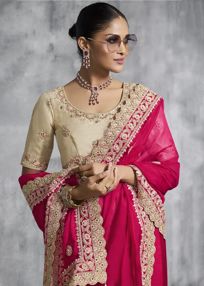 Embroidered Rani Pink Tissue Silk Saree
