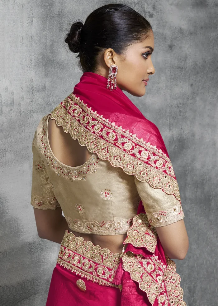 Embroidered Rani Pink Tissue Silk Saree