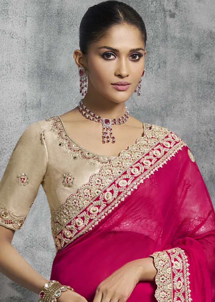 Embroidered Rani Pink Tissue Silk Saree