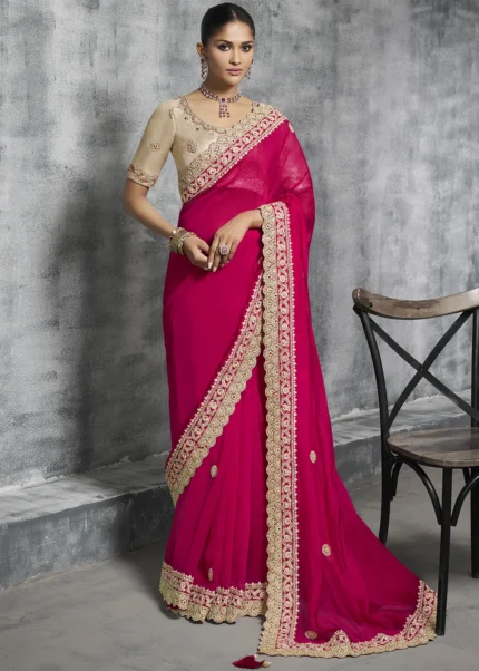 Embroidered Rani Pink Tissue Silk Saree