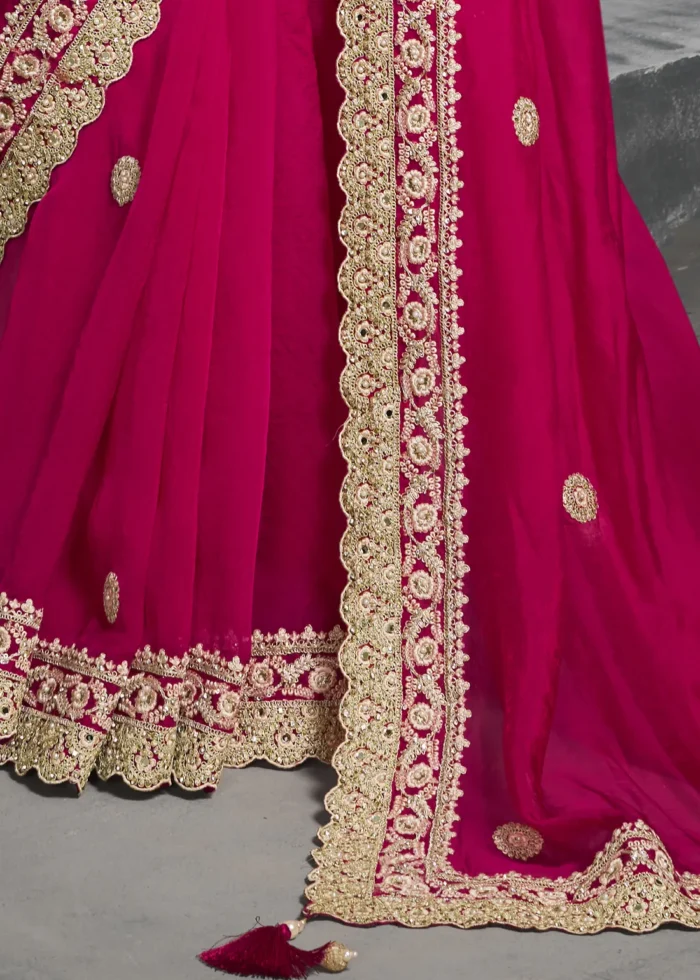 Embroidered Rani Pink Tissue Silk Saree