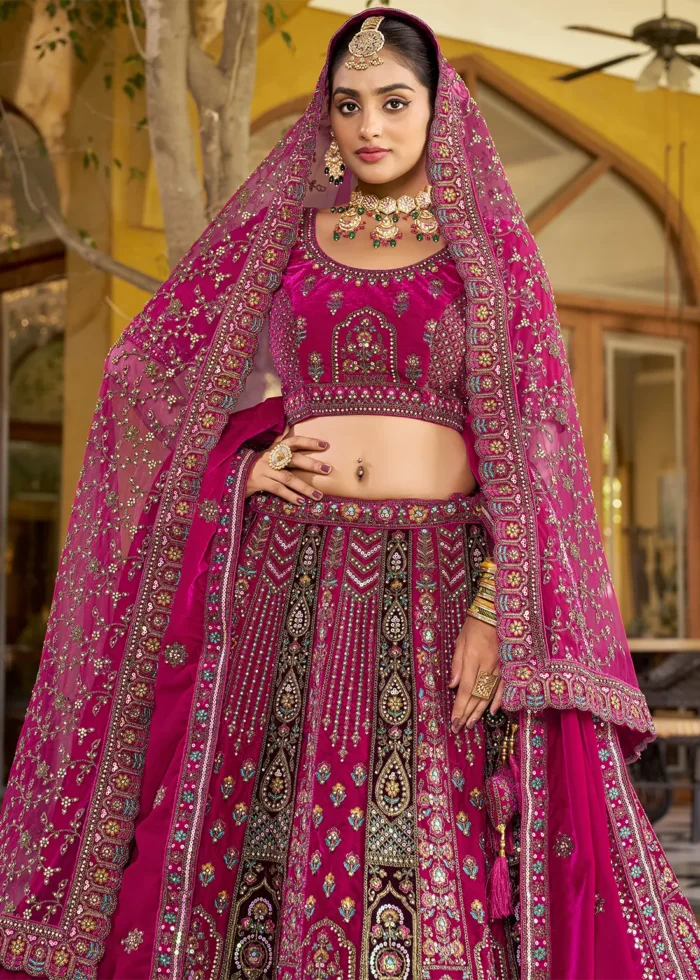 Embroidered Rani Pink Velvet Bridal Lehenga