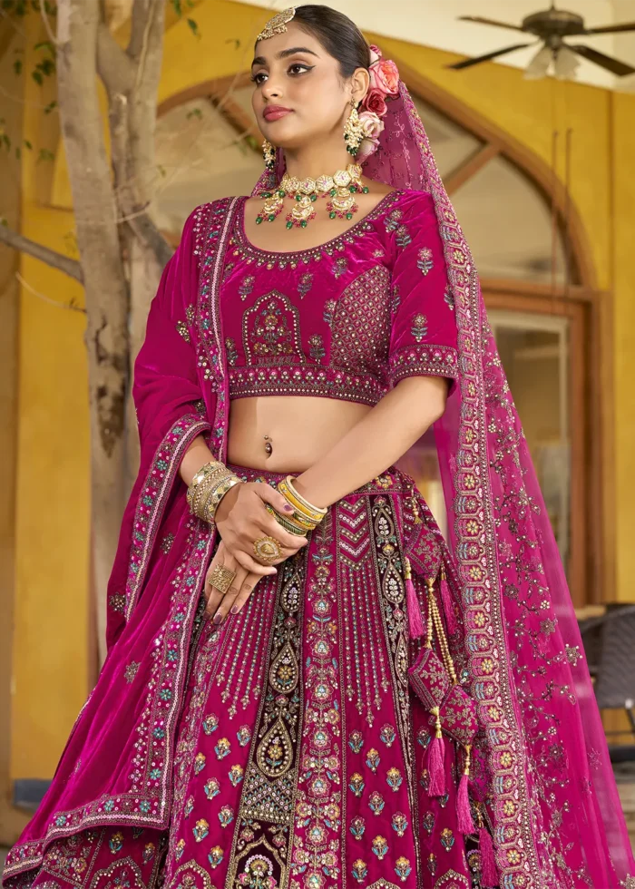 Embroidered Rani Pink Velvet Bridal Lehenga