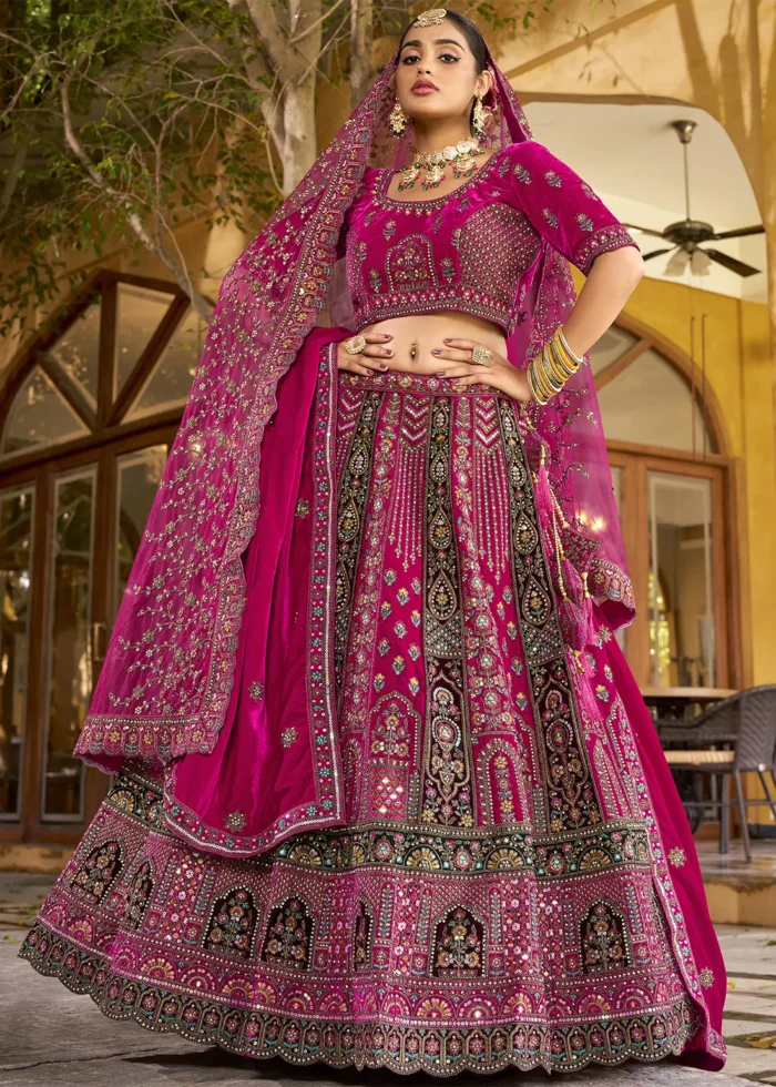 Embroidered Rani Pink Velvet Bridal Lehenga