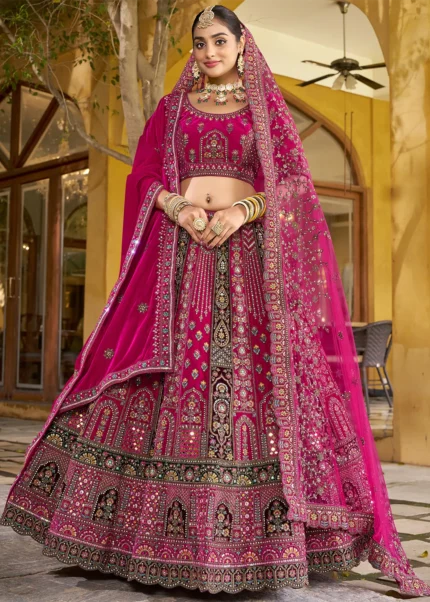 Embroidered Rani Pink Velvet Bridal Lehenga