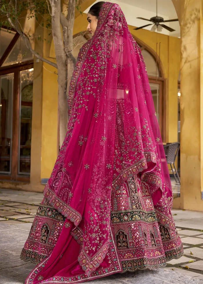 Embroidered Rani Pink Velvet Bridal Lehenga