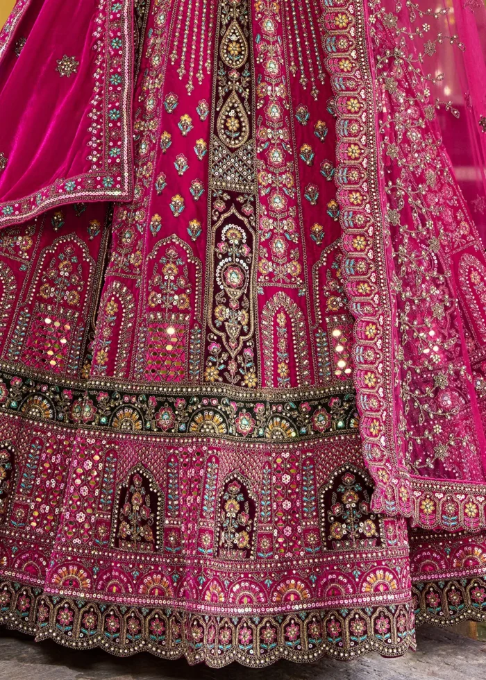 Embroidered Rani Pink Velvet Bridal Lehenga