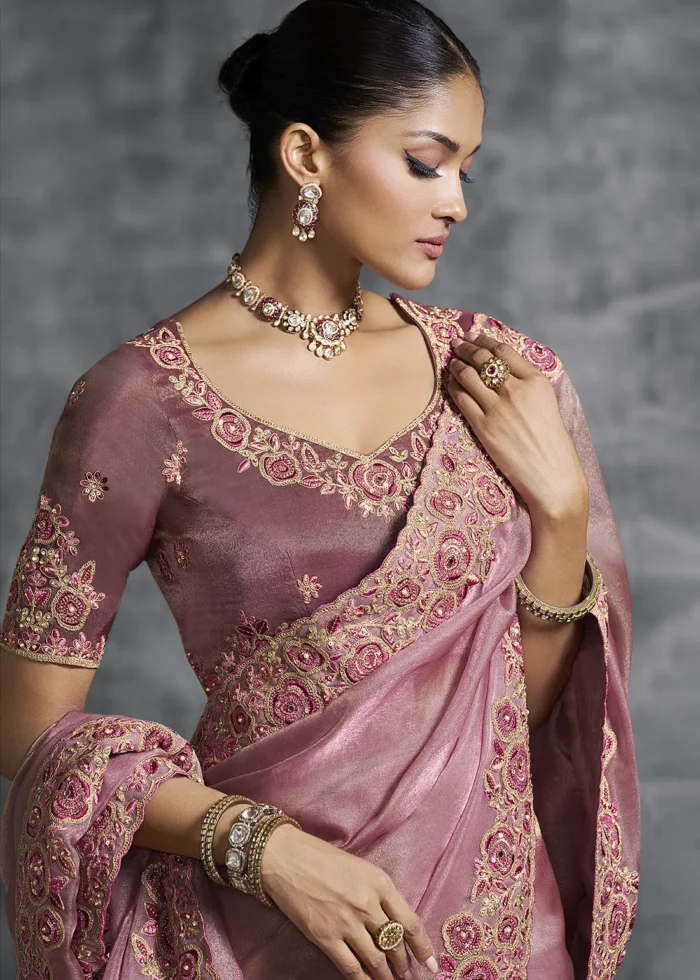 Embroidered Rose Pink Tissue Silk Saree