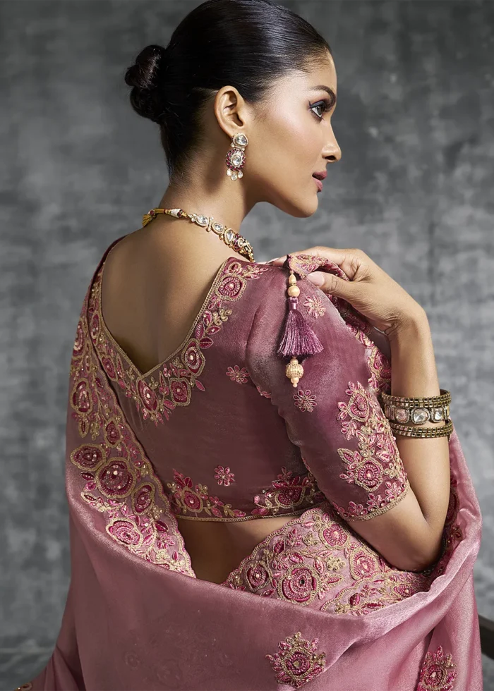 Embroidered Rose Pink Tissue Silk Saree