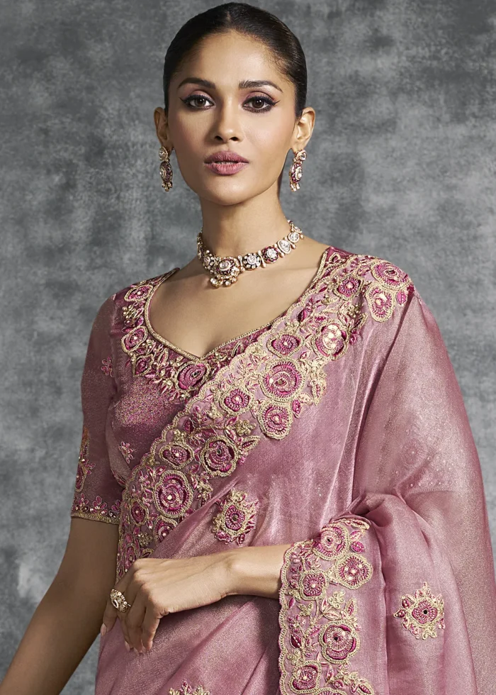 Embroidered Rose Pink Tissue Silk Saree