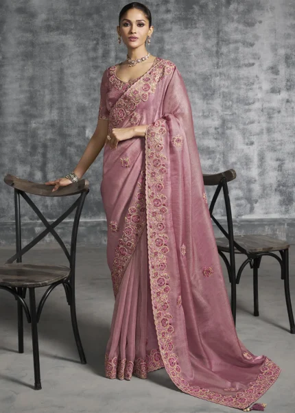 Embroidered Rose Pink Tissue Silk Saree