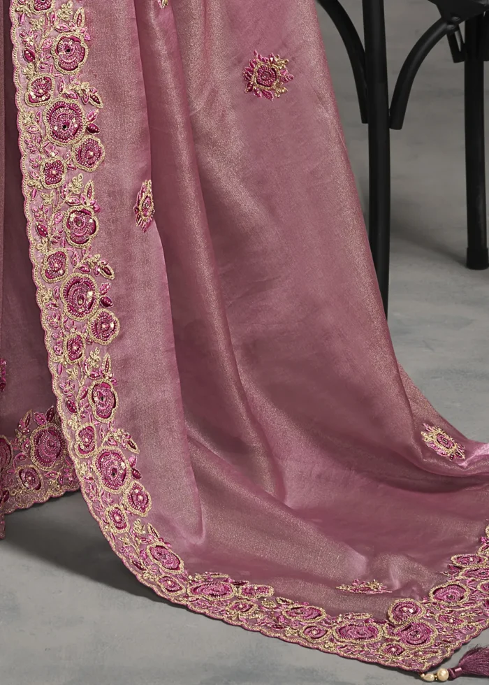 Embroidered Rose Pink Tissue Silk Saree