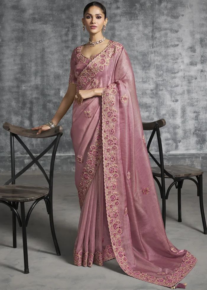 Embroidered Rose Pink Tissue Silk Saree