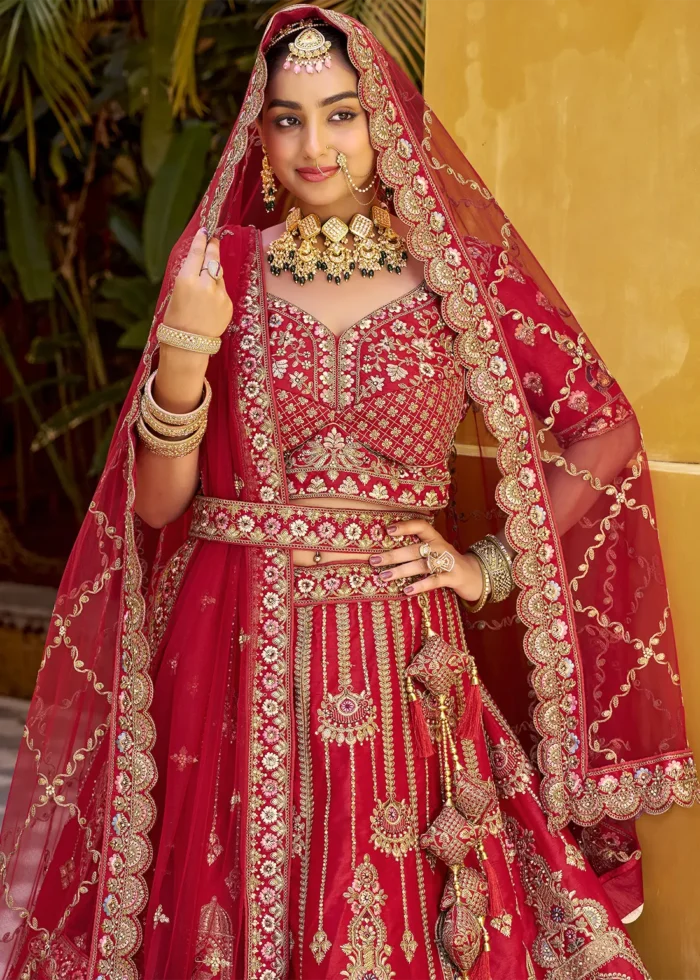 Embroidered Royal Red Silk Bridal Lehenga
