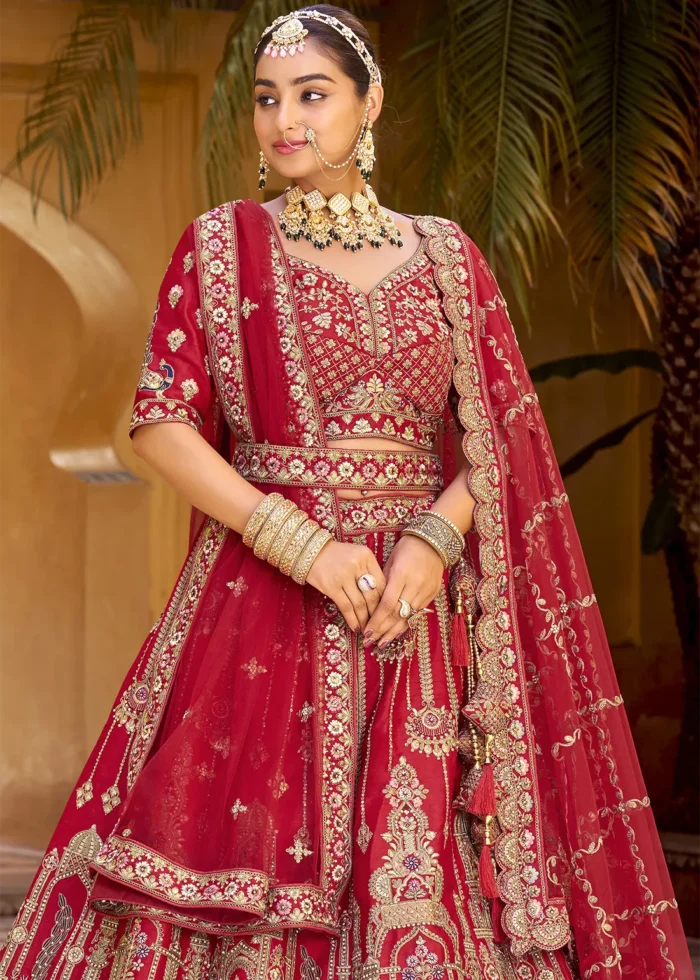 Embroidered Royal Red Silk Bridal Lehenga