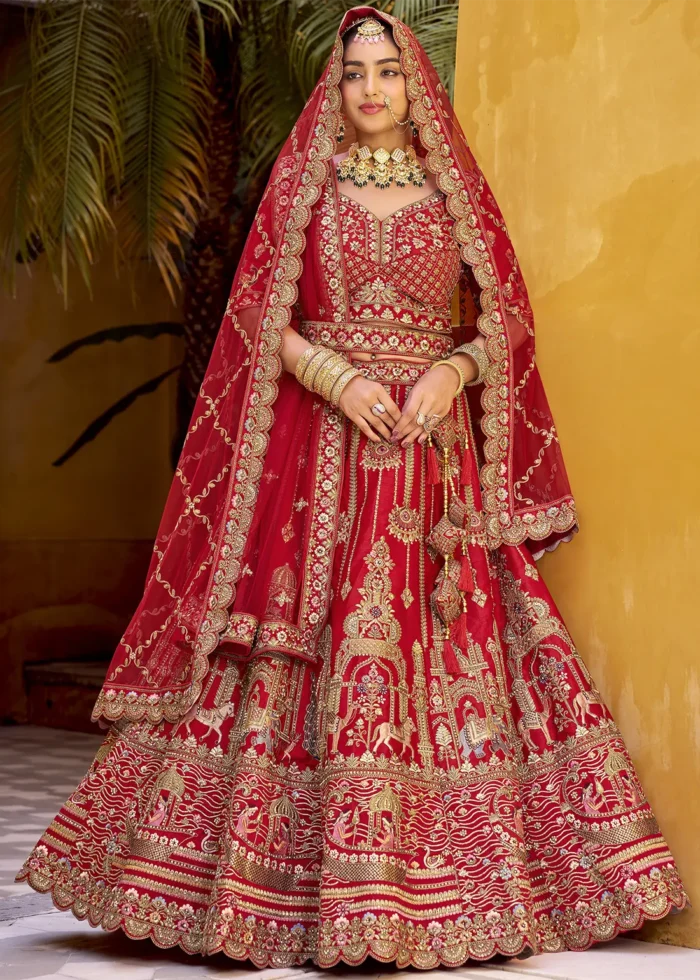 Embroidered Royal Red Silk Bridal Lehenga