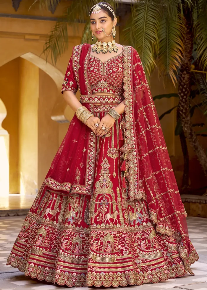 Embroidered Royal Red Silk Bridal Lehenga