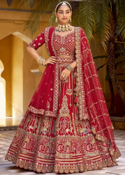 Embroidered Royal Red Silk Bridal Lehenga