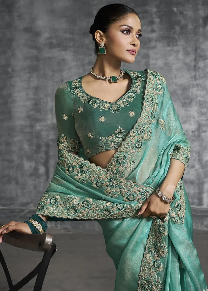 Embroidered Sea Green Tissue Silk Saree