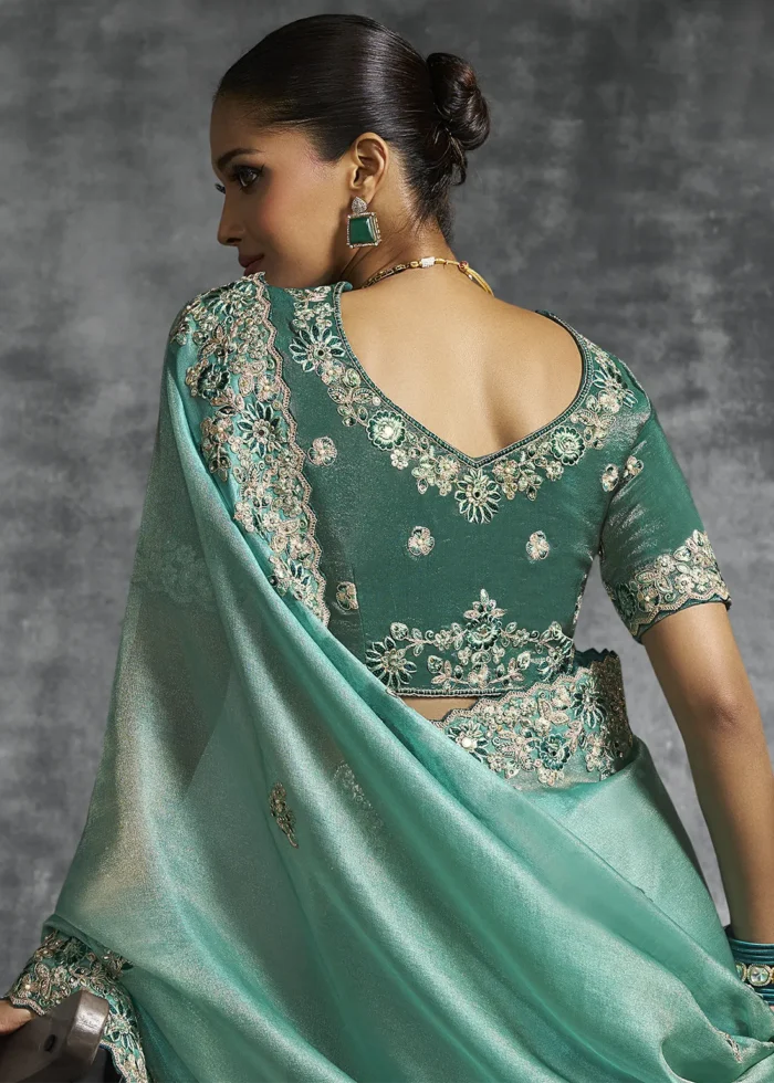 Embroidered Sea Green Tissue Silk Saree