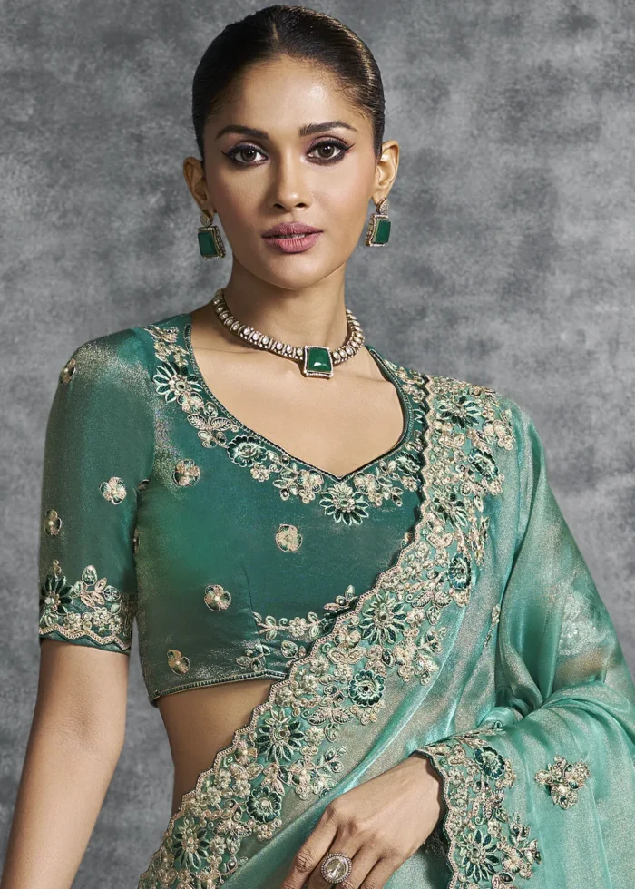 Embroidered Sea Green Tissue Silk Saree