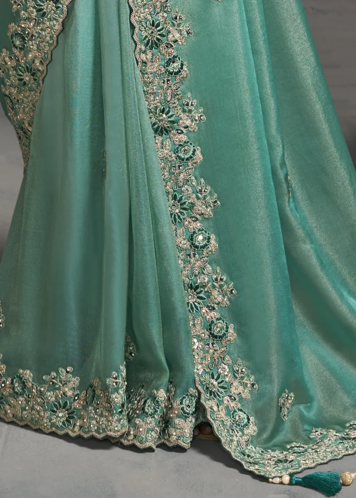 Embroidered Sea Green Tissue Silk Saree