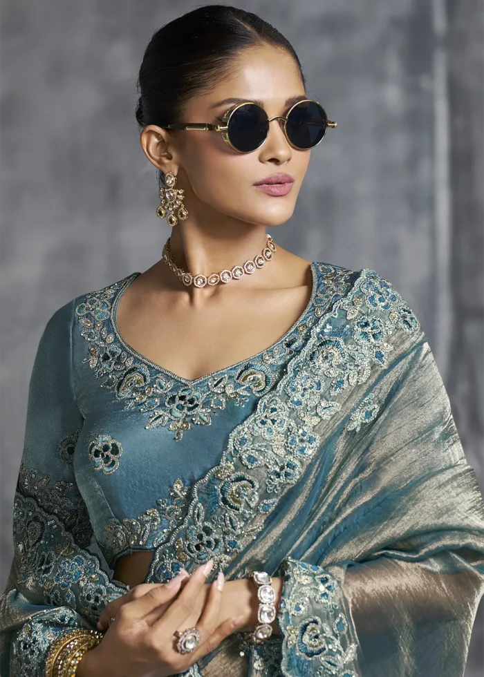 Embroidered Teal Tissue Silk Saree