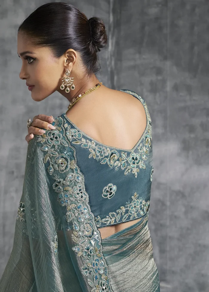 Embroidered Teal Tissue Silk Saree