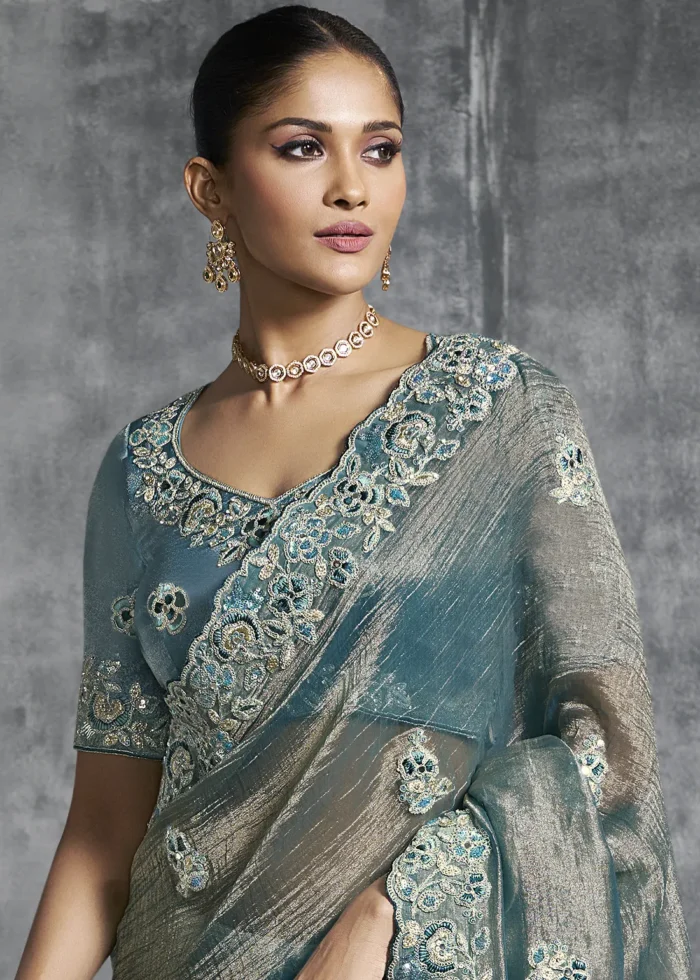 Embroidered Teal Tissue Silk Saree