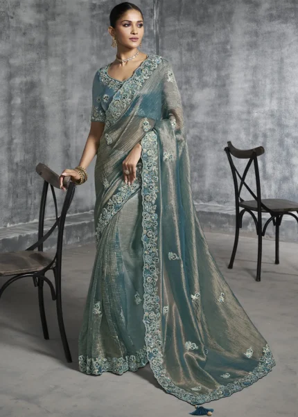 Embroidered Teal Blue Tissue Silk Saree