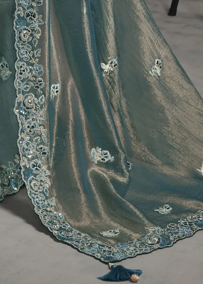 Embroidered Teal Tissue Silk Saree