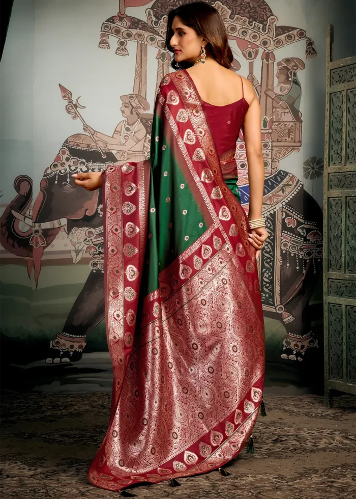 Forest Green Banarasi Silk Saree with Maroon Blouse
