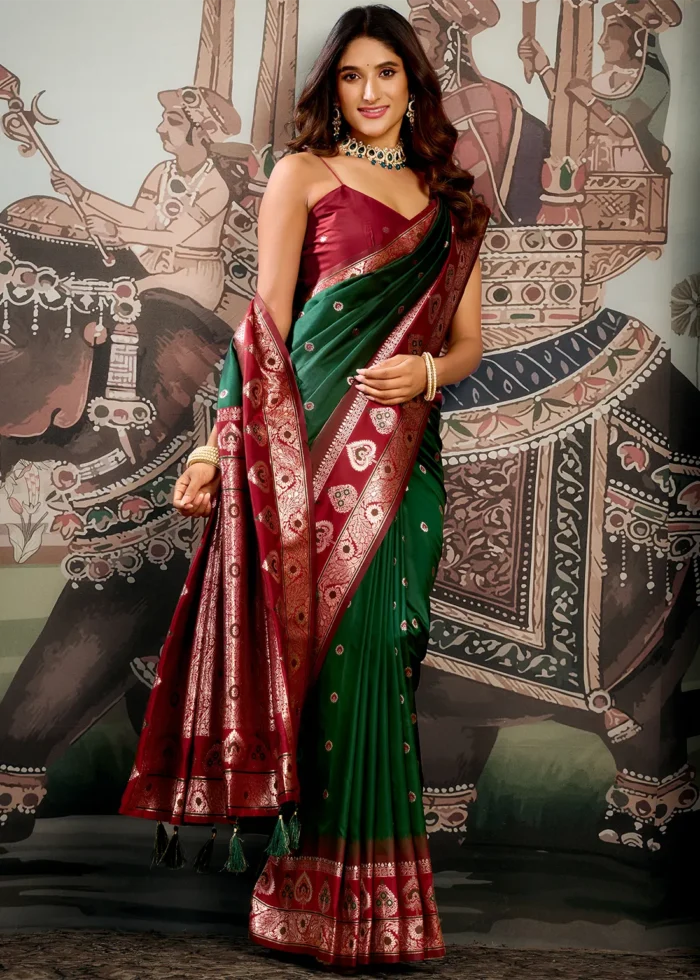 Forest Green Banarasi Silk Saree with Maroon Blouse