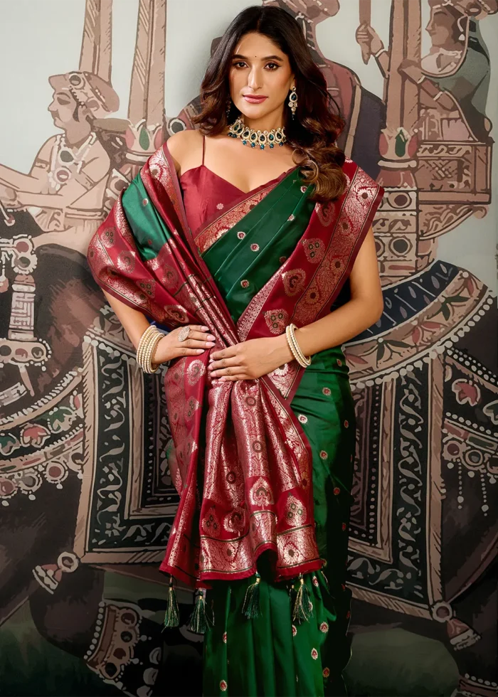 Forest Green Banarasi Silk Saree with Maroon Blouse