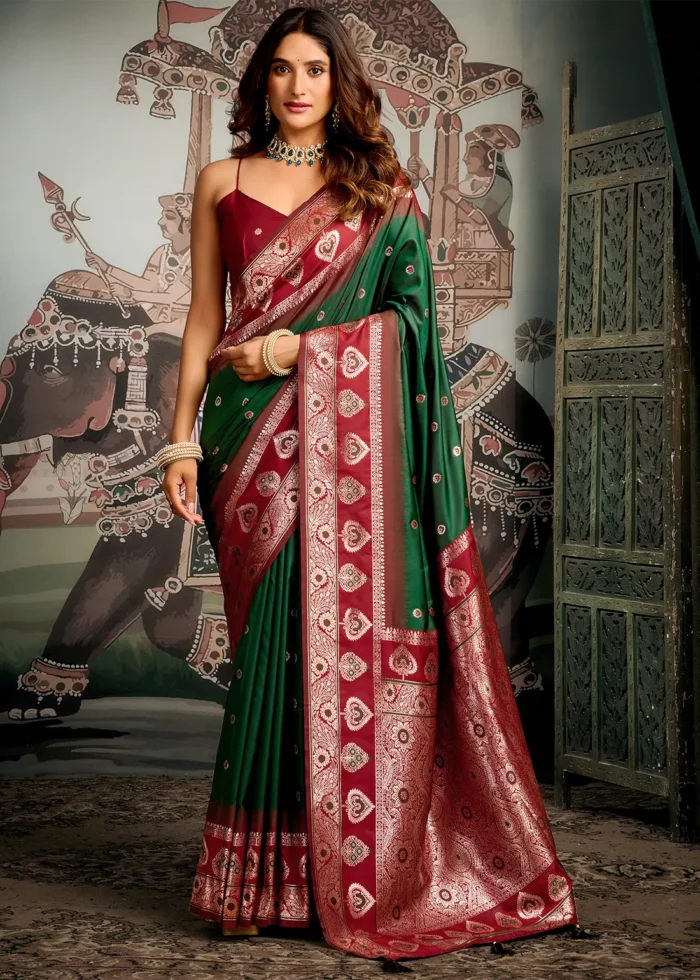 Forest Green Banarasi Silk Saree with Maroon Blouse